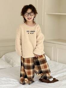 DAZY 2件套儿童男童圆领抓绒字母刺绣卫衣+裤子家居服套装，冬季 - 卡其色 - 查看 5
