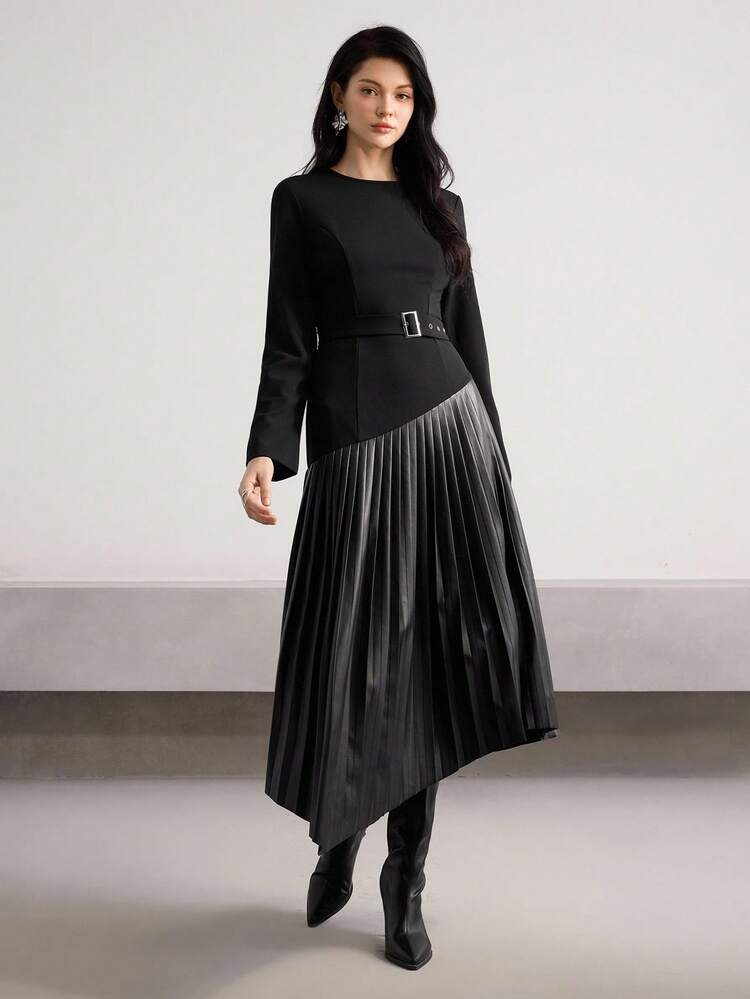 Vestido Plissado Recortado Estilo Coreano para Afinar a Cintura, Roupa para Ir e Vir no Outono/Inverno - Preto - Visão 5