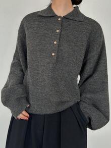 FRIFUL 女式 Polo 领半拉链金属纽扣装饰宽松灯笼袖撞色毛衣 - 灰色 - 查看 4