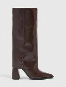 CUCCOO BIZCHIC Women's Pointed Toe Button Design Daily Wear Chunky Heel Over-The-Knee Boots