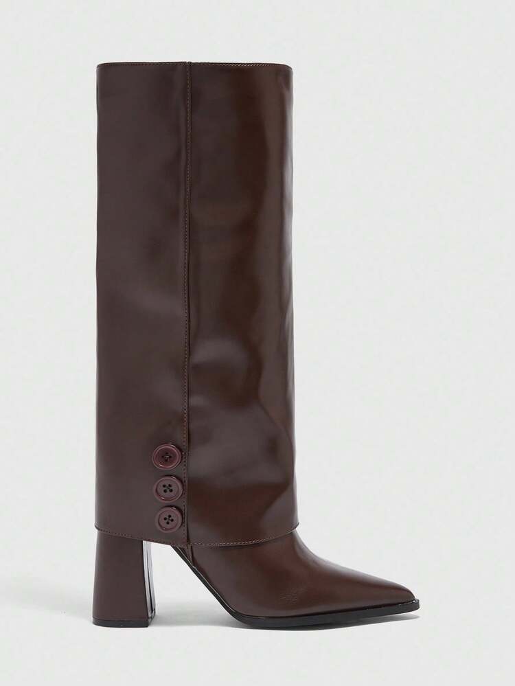 CUCCOO BIZCHIC Women's Pointed Toe Button Design Daily Wear Chunky Heel Over-The-Knee Boots