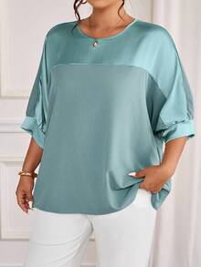 Cravure Áo thun chui đầu tay raglan cổ tròn tay 3/4 vải kim loại chắp vá màu cỡ lớn dành cho đi chơi, đi nghỉ, đi làm, tiệc tùng - Màu xanh ngọc - Xem 6
