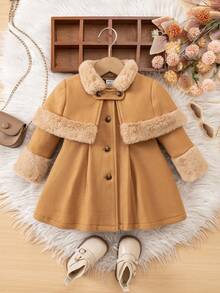 SHEIN 女婴可爱卡其色长款开衫和披肩套装，秋冬