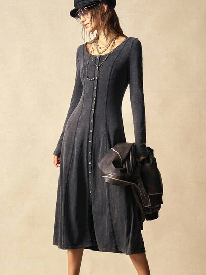 Bohemela Casual Solid Color Knit Square Neck Long Sleeve Mid-Length Dress For Women
