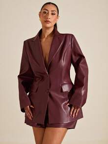 SHEIN BAE 秋冬大码女式纯色翻领长袖单排扣PU皮革时尚西装外套 - 酒紅色 - 查看 6