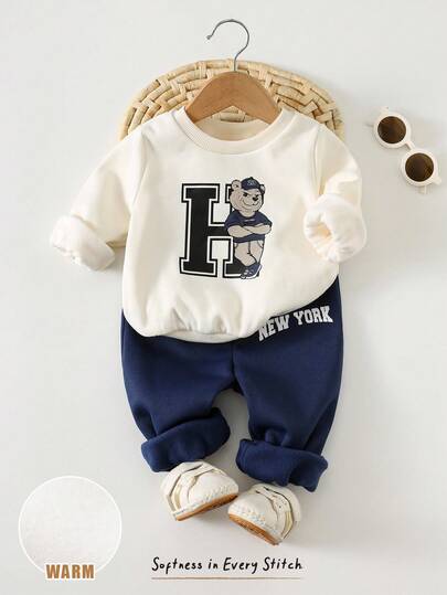 Cozy Pixies 2件套男婴卡通动物棒球帽、字母H图案柔软针织圆领卫衣和弹力腰束脚裤套装，舒适百搭休闲可爱基础款，适合室内、室外、休闲、滑雪、返校、日常穿着、运动、玩耍、秋冬季派对等场合。