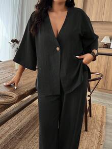 EMERY ROSE Plus Size Solid Color V-Neck Single-Breasted Jacket And Wide-Leg Pants 2 Pieces Set Fall - Black - View 4