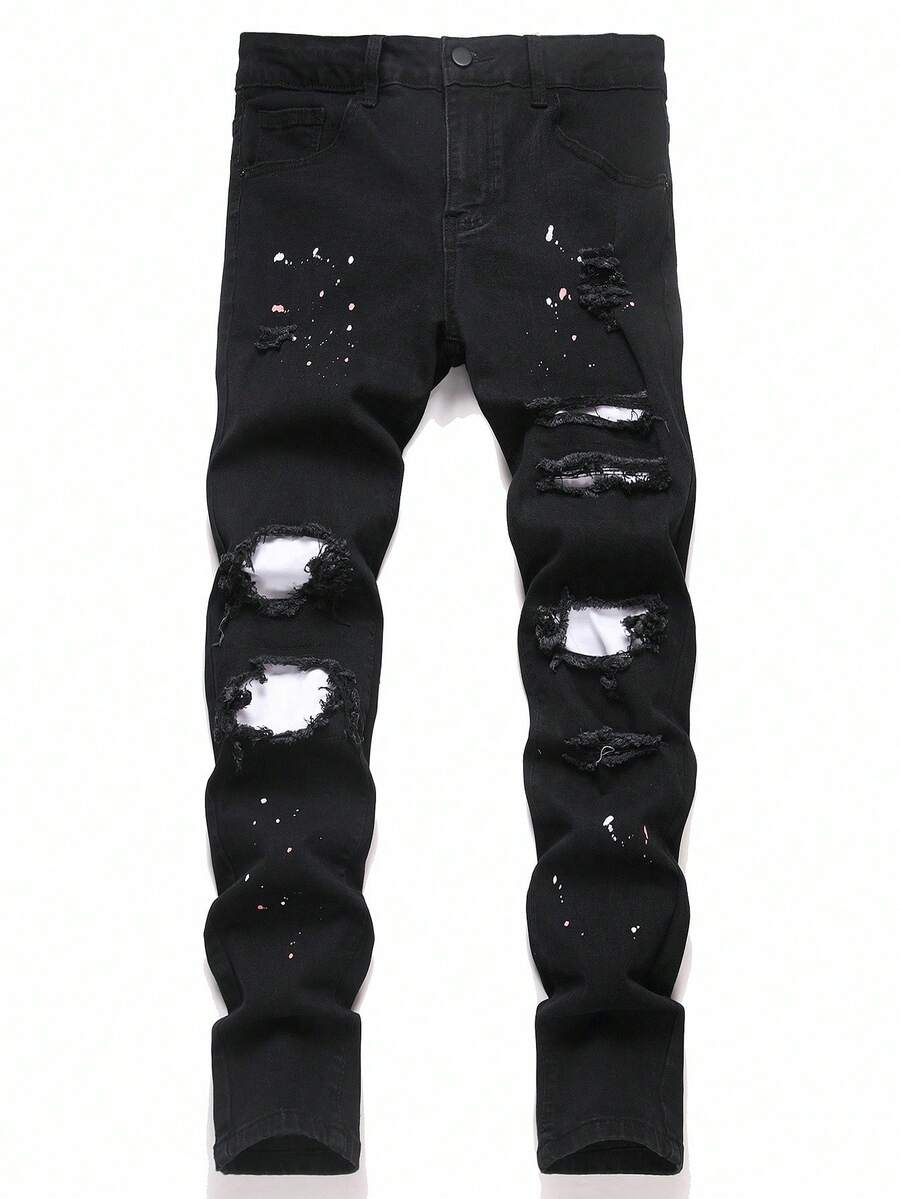 Gothic Punk Black Ripped Skinny Jeans For Men Denim Long Pants With Paint Splatter And Zipper Detailing Manfinity Legnd Men Cotton Splash Ink Ripped Jeans - Black - View 1