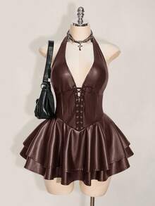 SHEIN ICON Gaun Mini Halter Kulit PU dengan Tali Silang Belakang Terbuka untuk Wanita Ukuran Plus, Gaya Goth Musim Gugur Cokelat untuk Pesta Malam di Klub, Y2k Gyaru, Konser, Pesta Festival, Rave - Coklat - View 1