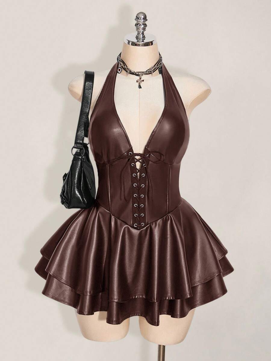 SHEIN ICON Gaun Mini Halter Kulit PU dengan Tali Silang Belakang Terbuka untuk Wanita Ukuran Plus, Gaya Goth Musim Gugur Cokelat untuk Pesta Malam di Klub, Y2k Gyaru, Konser, Pesta Festival, Rave - Coklat - View 1