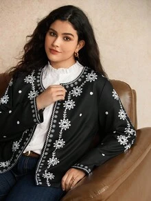 EMERY ROSE Plus Size Women's Casual Loose Fit Long Sleeve Printed Jacket - Black - View 7