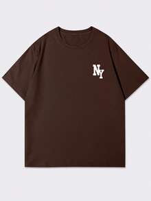 Manfinity Homme Áo thun nam cổ tròn tay ngắn in chữ đa năng thường ngày - màu nâu - Xem 3