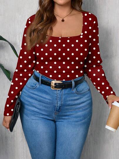 EMERY ROSE Elegant Retro Polka Dot Casual Minimalist Plus Size Fitted Square Neck T-Shirt, Suitable For PartyIn Fall/Winter