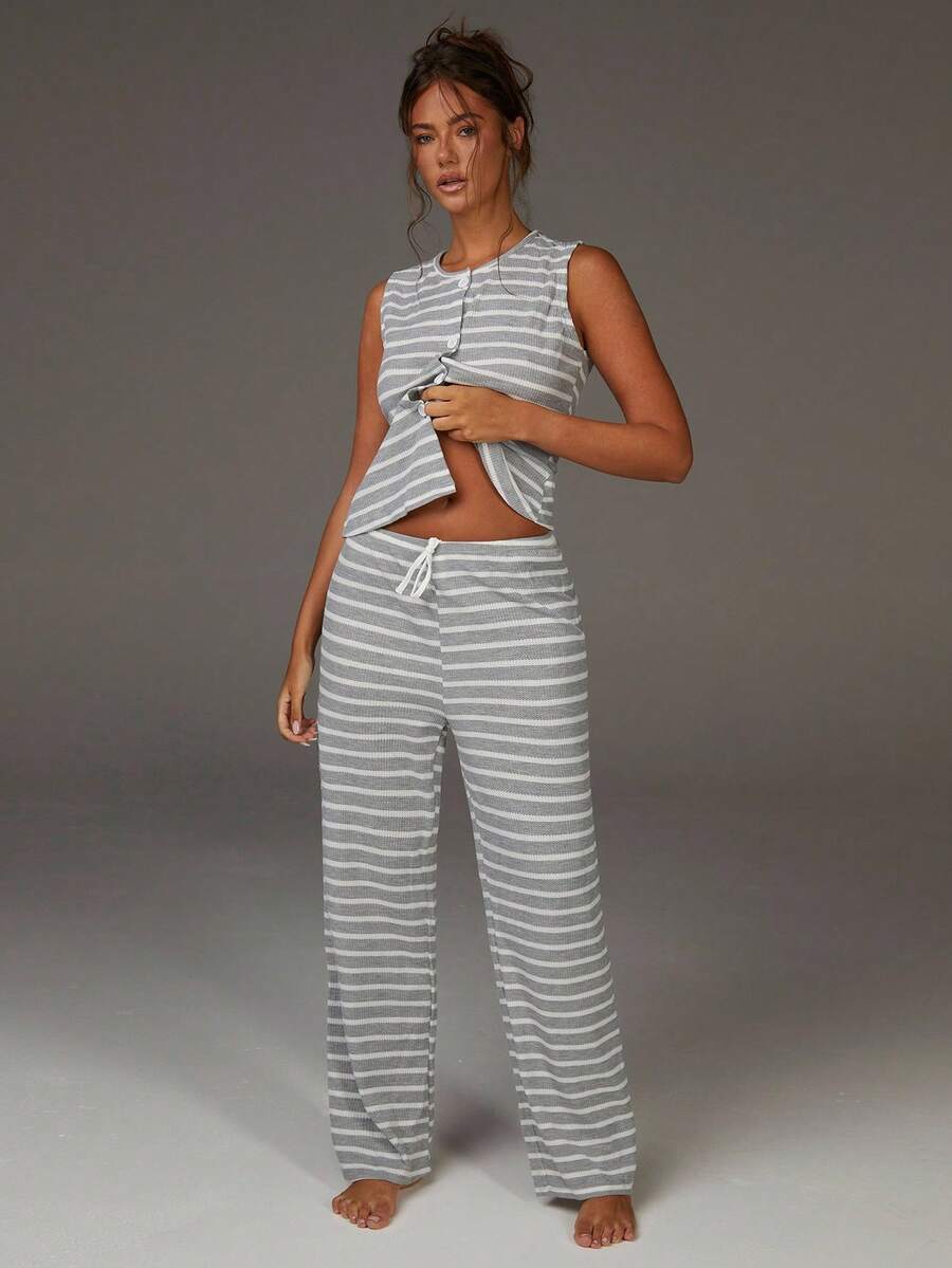 Athîral 女士休闲前扣条纹印花吊带上衣和裤子睡衣套装，居家装 - 淺灰色 - 查看 1