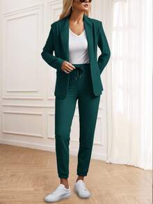 Miaspire Women Autumn Casual Single Button Business Blazer And Drawstring Waist Tapered Pants Set - Teal Blue - View 3