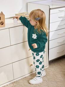 Cozy Pixies 2件套女婴花卉印花针织柔软圆领长袖运动衫和裤子套装 - 綠色 - 查看 3