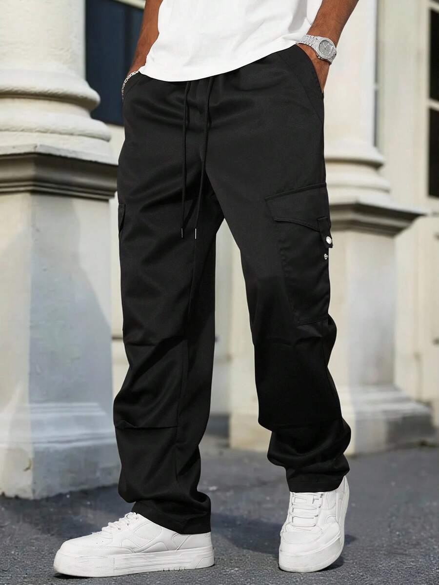 Manfinity CasualCool 男士秋季休闲纯色工装裤 - 黑色 - 查看 1