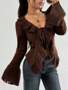 StreetHx 女式纯色拼布荷叶边饰边前系带喇叭袖时尚针织开衫，秋季 - 棕色 - 查看 1