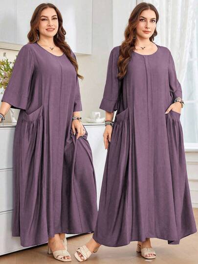 SHEIN Najma 女式宽松圆领 3/4 袖加大码口袋仿亚麻舒适休闲日常加大码阿拉伯连衣裙