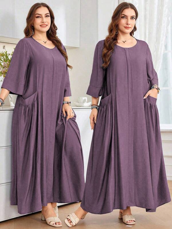 SHEIN Najma 女式宽松圆领 3/4 袖加大码口袋仿亚麻舒适休闲日常加大码阿拉伯连衣裙