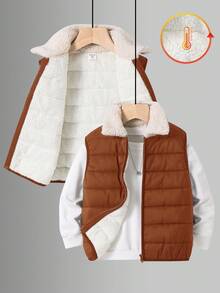 Young Boy Casual College Japanese And Korean Style Loose Splicing Lapel Vest Jacket,Kids Winter Warm Padded Coat For School Daily Travel And Sports - Brown - View 1