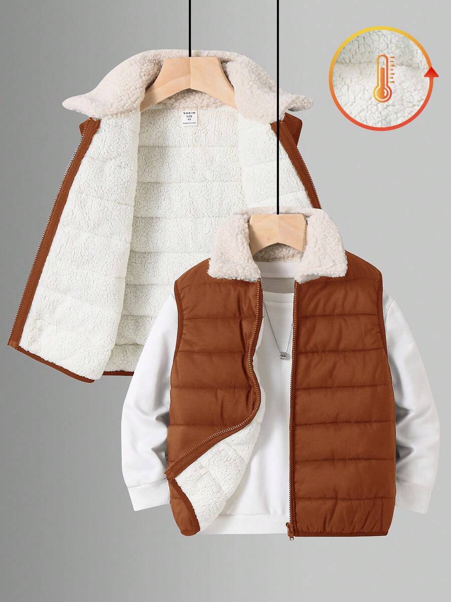 Young Boy Casual College Japanese And Korean Style Loose Splicing Lapel Vest Jacket,Kids Winter Warm Padded Coat For School Daily Travel And Sports - Brown - View 1