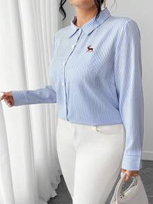 SHEIN Tall CURVE Plus Size Casual/Work Striped Embroidered Detail Shirt - Multicolor - View 5