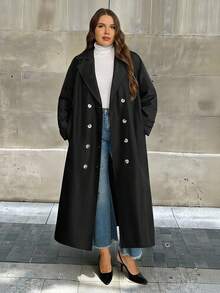 Firerie Plus Size Casual Solid Color Double-Breasted Windbreaker, Autumn Halloween Plus Size Fall Winter/Spring And Autumn Long-Sleeved Straight Double-Breasted Trench Coat With Pockets / Office Lady's Daily Wear Thin Coat / Suit Collar Contrast Button Coat