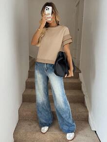 Easowa Women's Striped Contrast Trim Crew Neck Knit Top,Fall - Khaki - View 6