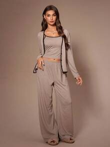 Lazeform 3pcs Women Casual Solid Color Fitted Long Sleeve Jacket, Camisole And Pants Loungewear Set, Cozy Outfit, Fall Clothes