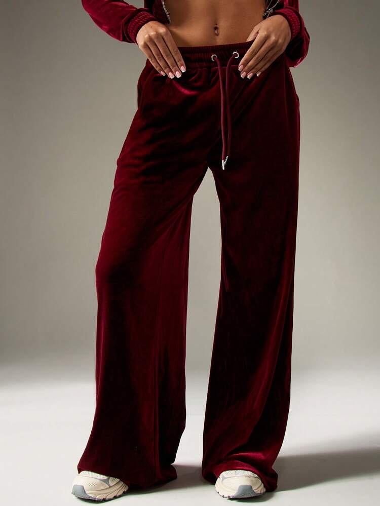 MISSGUIDED 고급스러운 벨벳 와이드 레그 팔라초 팬츠 겨울 홀리데이 파티 라운지 팬츠 이브닝 웨어 드로스트링 웨이스트 벨루어 트라우저