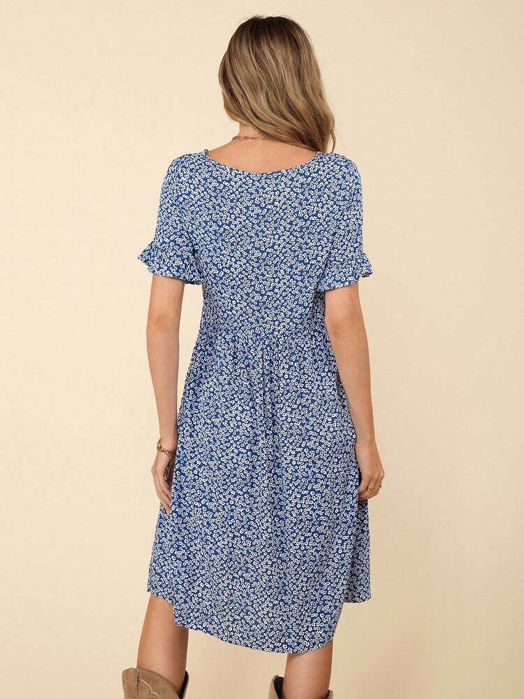 Ditsy Floral Print Flounce Sleeve Dress
