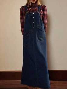 Écloséra Women's Button Half-Placket Pocket Casual Denim Pinafore Dress - Blue - View 4