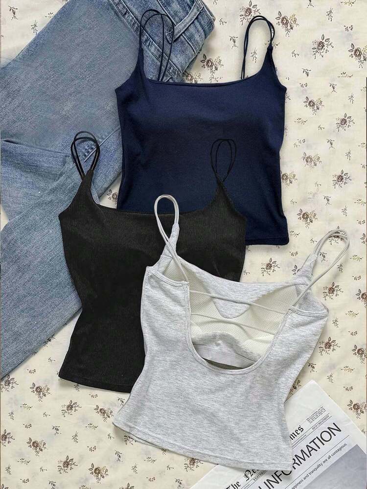 Attitoon 3pcs/Set Summer Casual Solid Color Camisole With Padded Bra Cami Top, Chic And Versatile For Street Style,Black Tops