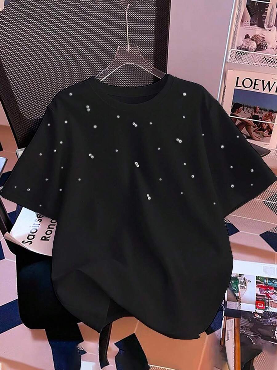 Franclia Camiseta blanca de cuello redondo con cuentas de moda, blusa de verano de manga corta con estilo - Negro - Ver 1