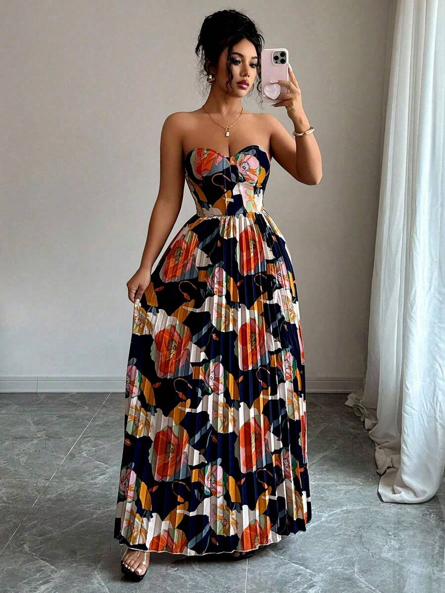 Elenzga 数码印花紧身腰部 A 字形褶皱优雅浪漫女士连衣裙 - 彩色 - 查看 1