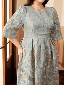 Auvina Váy dự tiệc màu xanh lá cây xòe cổ tròn tay lửng chất liệu vải jacquard sang trọng thanh lịch cỡ lớn - màu xanh lá - Xem 8