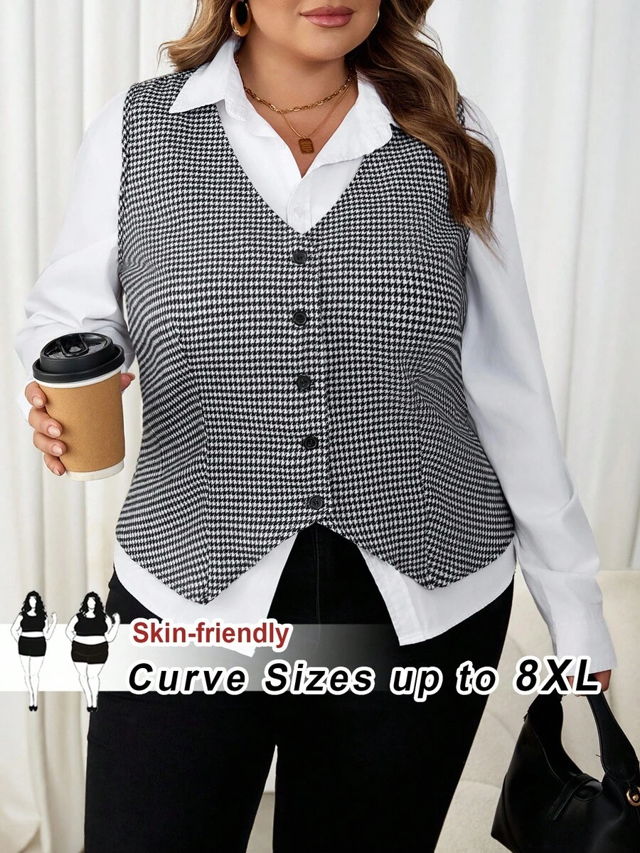SHEIN CURVE+ Áo sơ mi không tay họa tiết Houndstooth cỡ lớn thường ngày - Đen và trắng - Xem 1
