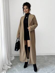 Selianne 25-30+ 休闲派对优雅仿毛领超长外套，冬季 - 棕色 - 查看 4