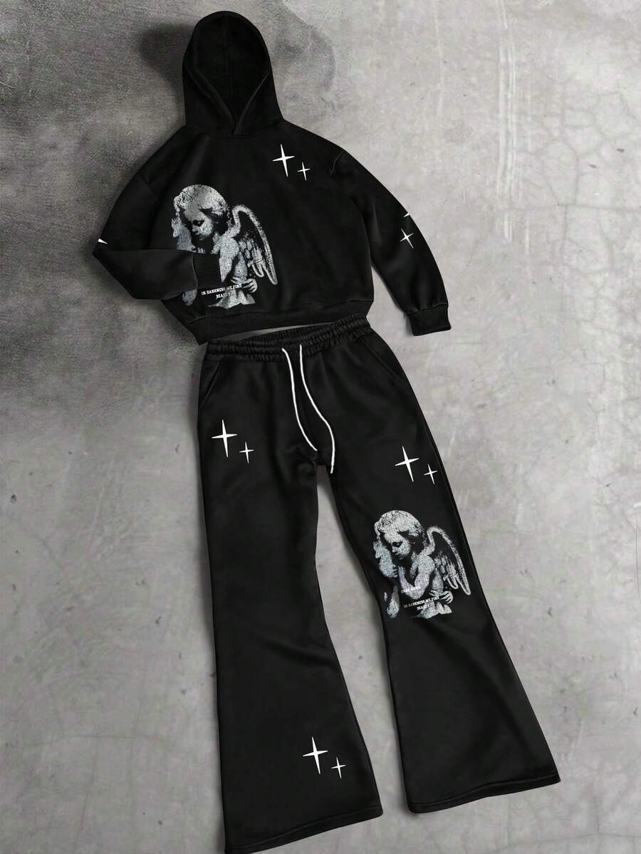 PAVTROS 2 件男士街头风格天使和字母印花运动裤和连帽衫套装，秋季男装 - 黑色 - 查看 1