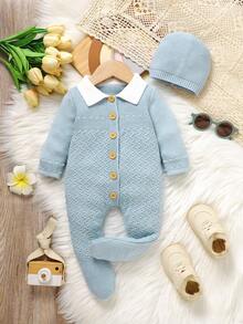 SHEIN Newborn Baby Autumn Contrast Color Lapel Long Sleeve Single-Breasted Knitted Jumpsuit Boy Light Blue Sweater Romper Fall Knit Outfit Kawaii - Baby Blue - View 6