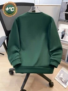 SHEIN Teens Boys' Casual Loose Comfortable Versatile Solid Color Embossed Pattern Crew Neck Sweatshirt Fall Winter - Dark Green - View 2