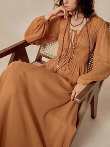 Florisole Váy Maxi Dài Phong Cách Bohemian Mùa Hè Mới Của Pháp, Cổ Chữ V, Thắt Lưng, Ôm Vừa Vặn, Thời Trang Đa Năng Cho Nữ - màu nâu - Xem 8