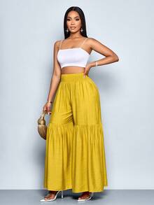 SOLERSUN Elegant Elastic Waist Yellow Slant Pockets Pleated Large Hem Extra Long Wide Leg Pants Fall Cloth For Women - Mustard Yellow - View 4