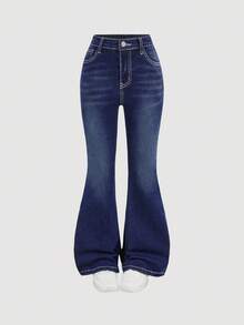 SHEIN Tween Girl Navy Blue Butterfly Rhinestone Flared Jeans,Y2k Back-To-School Casual School Summer Denim Stretch Tight Pants For Vintage Streetwear Rave - Blue - View 2