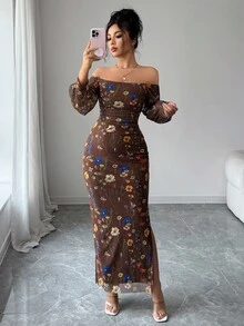 Rafferiza Gaun Wanita Elegan Tanpa Bahu dengan Motif Ranting Bunga, Jala, Pinggang Elastis, Detail Kerut, Bodycon, dan Belahan Tinggi dengan Lengan Lentera. - Coffee Brown - View 6