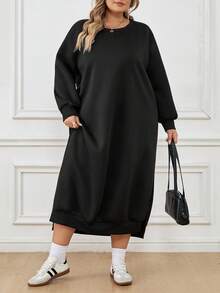 SHEIN CURVE+ Plus Size Women Loose Casual Long Fleece Hoodie Dress, Suitable For Halloween, Autumn/Winter/Autumn /Winter