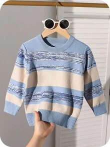 SHEIN 男童撞色冬季毛衣，蓝白条纹毛衣，秋冬休闲针织衫，适合圣诞节和万圣节穿着。 - 霧霾藍 - 查看 1