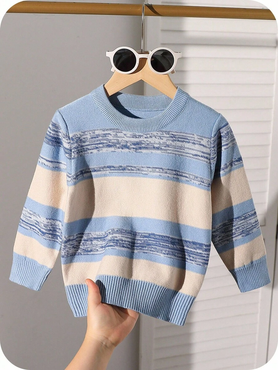 SHEIN 男童撞色冬季毛衣,蓝白条纹毛衣,秋冬休闲针织衫,适合圣诞节和万圣节穿着。 - 霧霾藍 - 查看 1