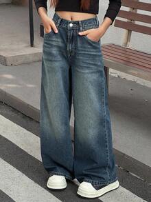 DAZY 青少年女孩日常穿着牛仔裤 - 深色水洗藍 - 查看 2